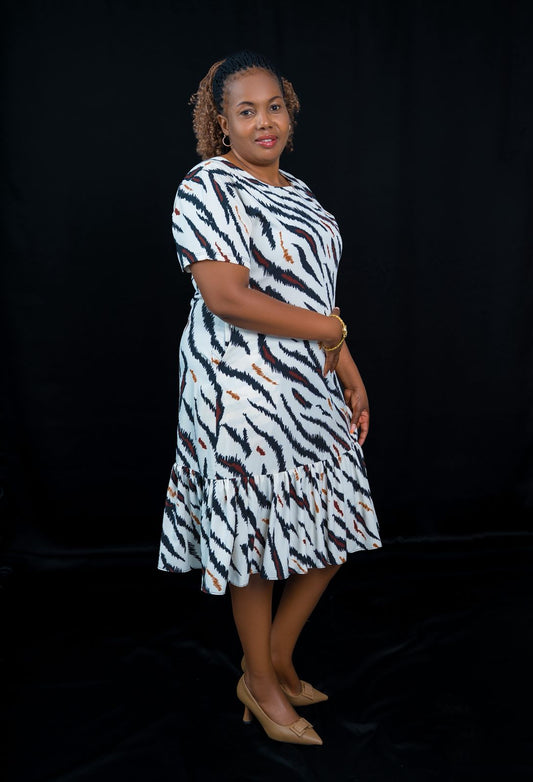 Stylish Zebra-Print Short-Sleeve Dress with Ruffled Hem