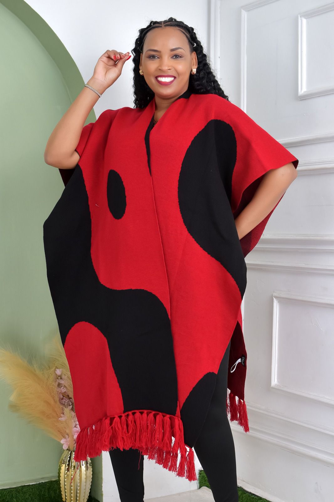 Red & Black Patterned Poncho with Tassel Hem