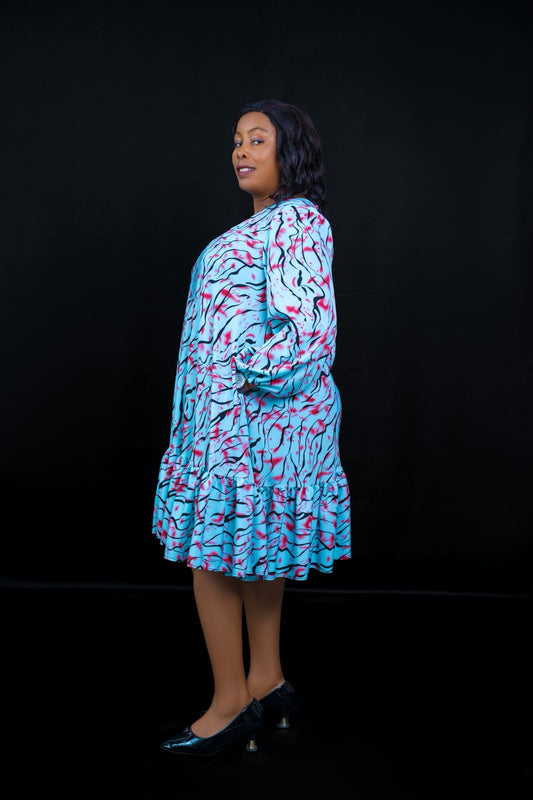 Blue Ruffle Dress with Long Sleeves & Pink and Black Abstract Prints