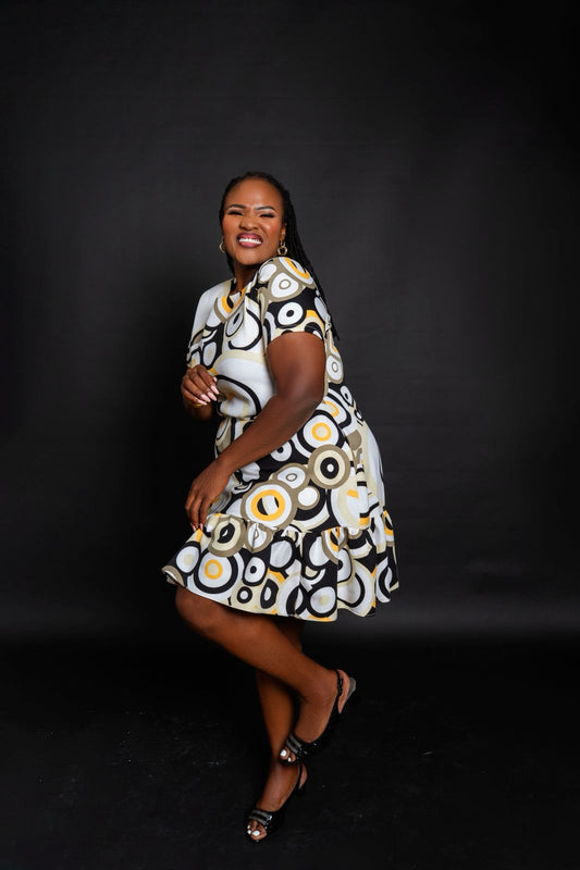 Trendy Short Dress with Black, White & Mustard