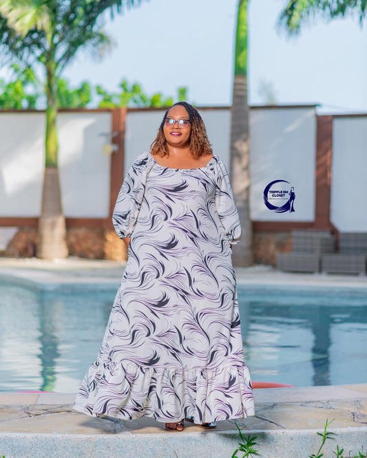 Elegant Off-Shoulder Maxi Dress with Flowing Ruffle Hem & Chic Swirl Print