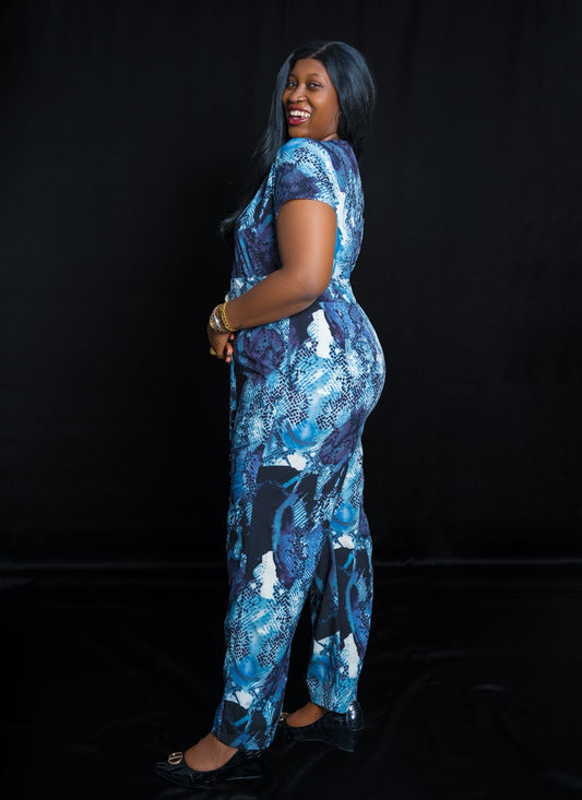 Trendy Blue Printed Short-Sleeve Jumpsuit with Belted Waist